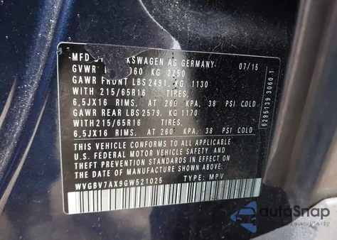 2016 Volkswagen Tiguan S z USA, uszkodzony, nr VIN WVGBV7AX9GW521025